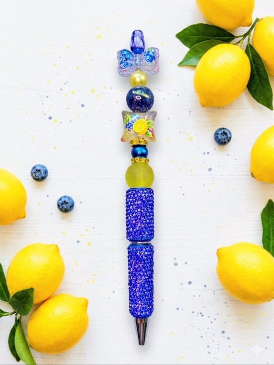 Hand Crafted Accessories - Handcrafted Blueberry Lemon Sparkling Rhinestone Beaded Decorative Office Pen